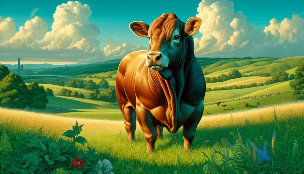 Agriculture Dictionary - A vivid and detailed illustration of a bovine in a lush green pasture. The bovine has a strong, muscular build with a brown coat and gentle, expressiv2